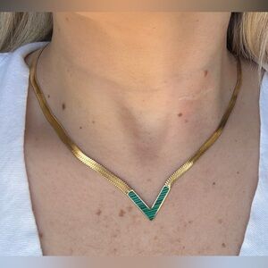 Gold Herringbone and Malachite Chevron Necklace